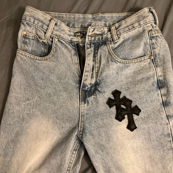Chrome Hearts Light Denim Jeans with Black Cross Detail